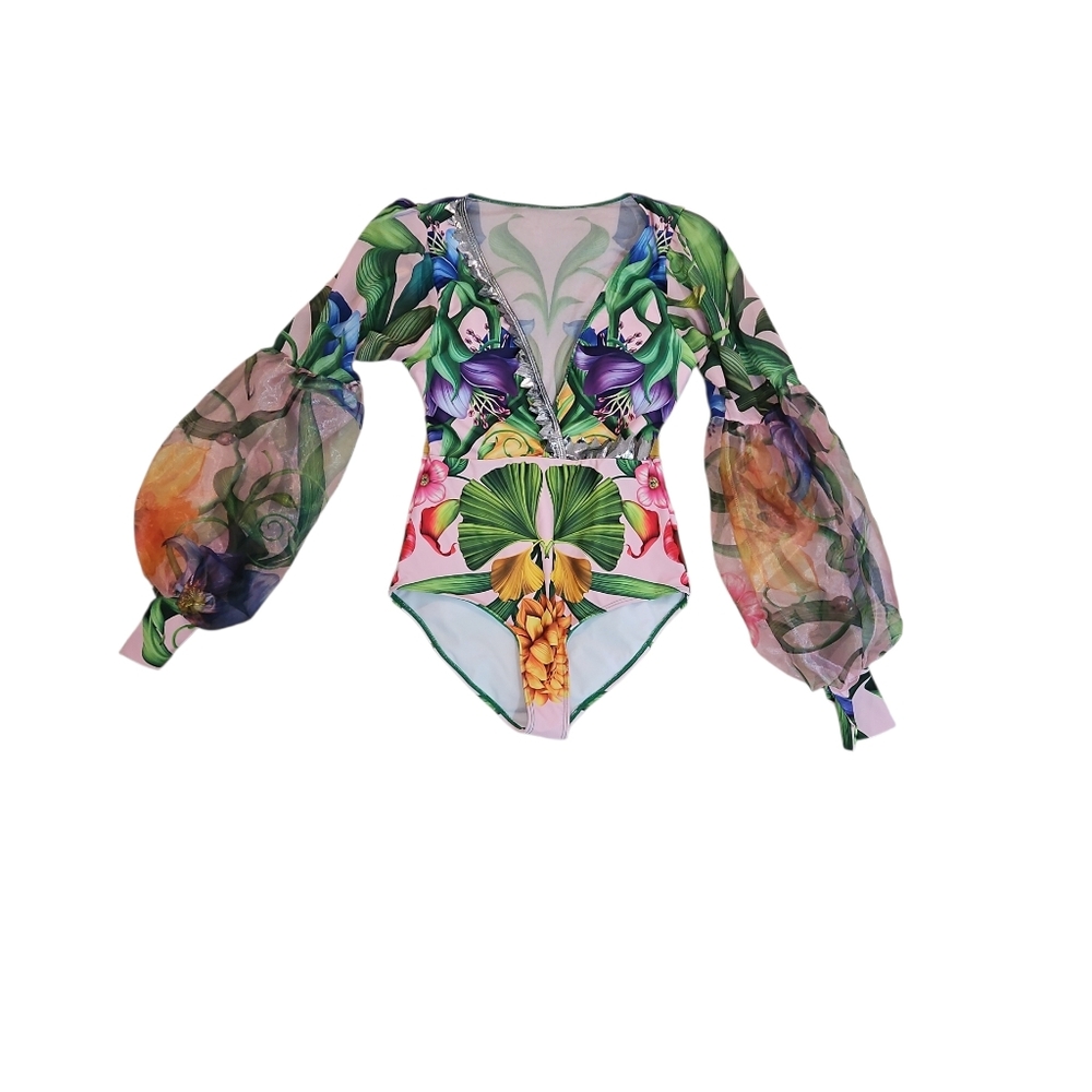 Tropical Print Sheer Sleeve Bodysuit